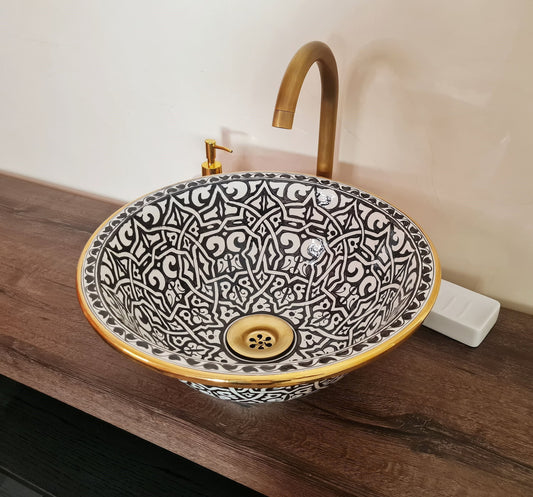 Vasque salle de bain contour Or 14K Carats | Lavabo en céramique peinte à la main #80