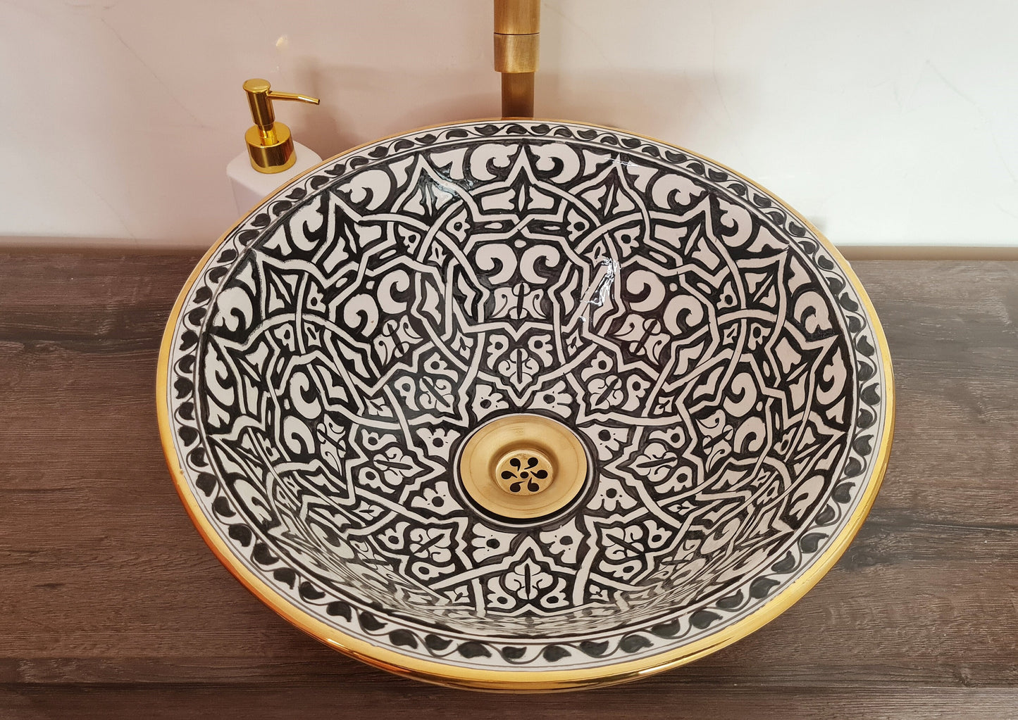Vasque salle de bain contour Or 14K Carats | Lavabo en céramique peinte à la main #80