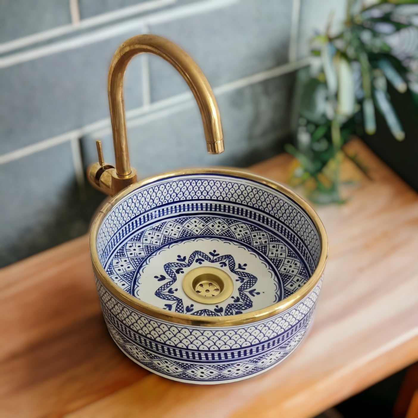 Vasque salle de bain Bordure en laiton | Lavabo en céramique peinte à la main #62
