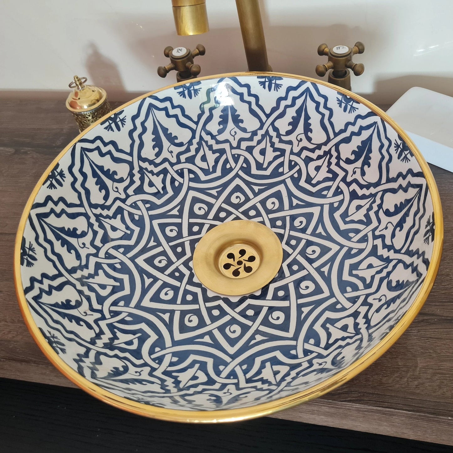 Vasque salle de bain contour Or 14K Carats | Lavabo en céramique peinte à la main #81