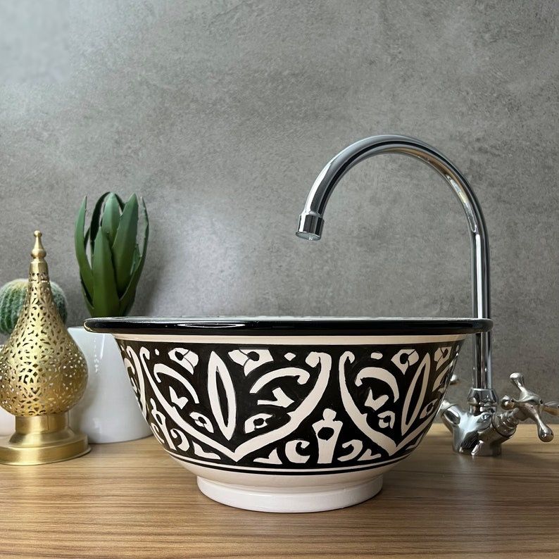 Vasque élégante pour salle de bain | Lavabo en céramique style orientale | black and white sink #185MB
