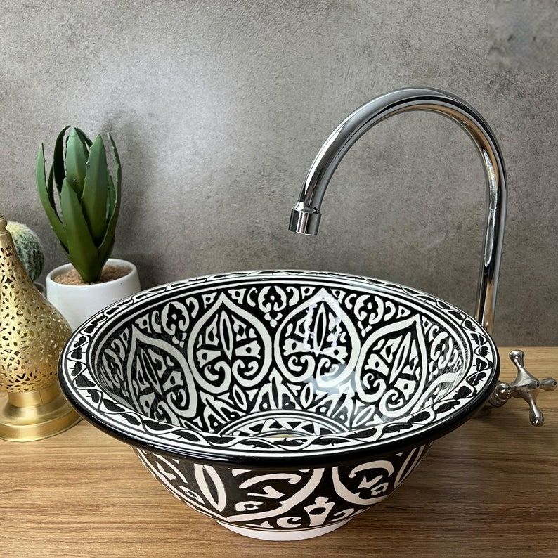 Vasque élégante pour salle de bain | Lavabo en céramique style orientale | black and white sink #185MB
