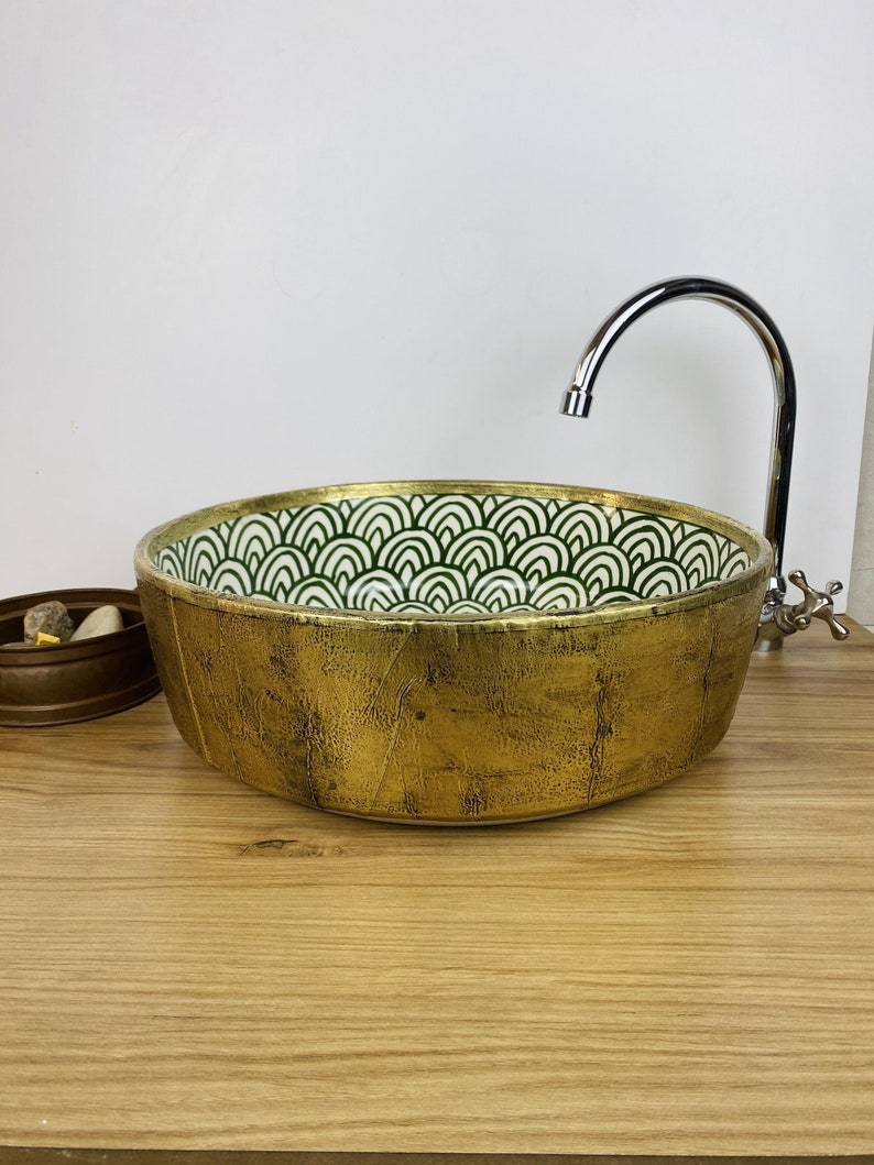 Vasque marocaine unique en céramique et en laiton #263