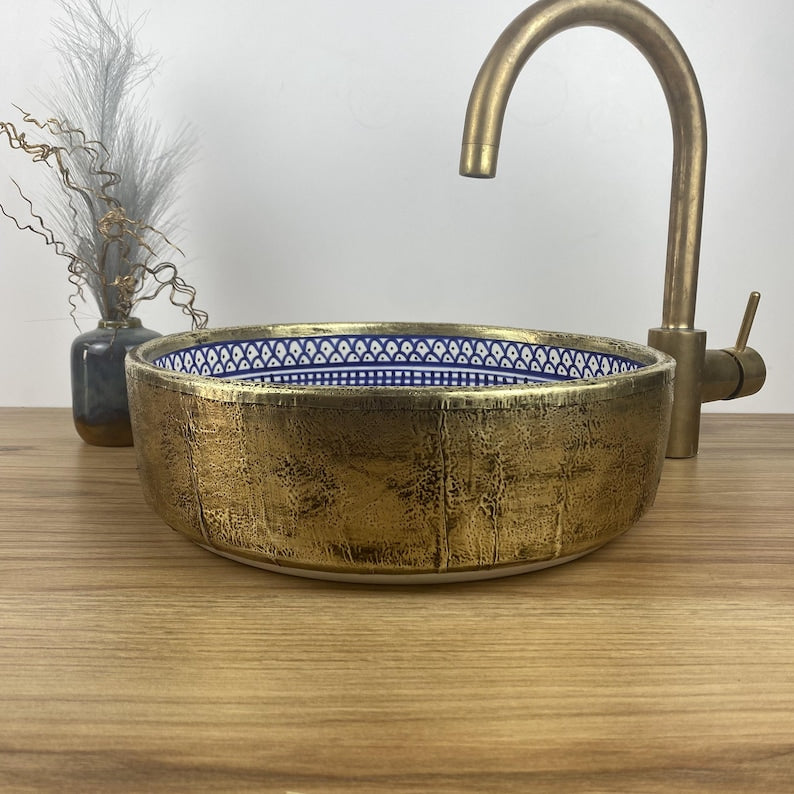 Vasque marocaine peintes à la main - Vasque en laiton massif et en céramique - Évier en laiton marocain -  Brass vessel sink bowl #262