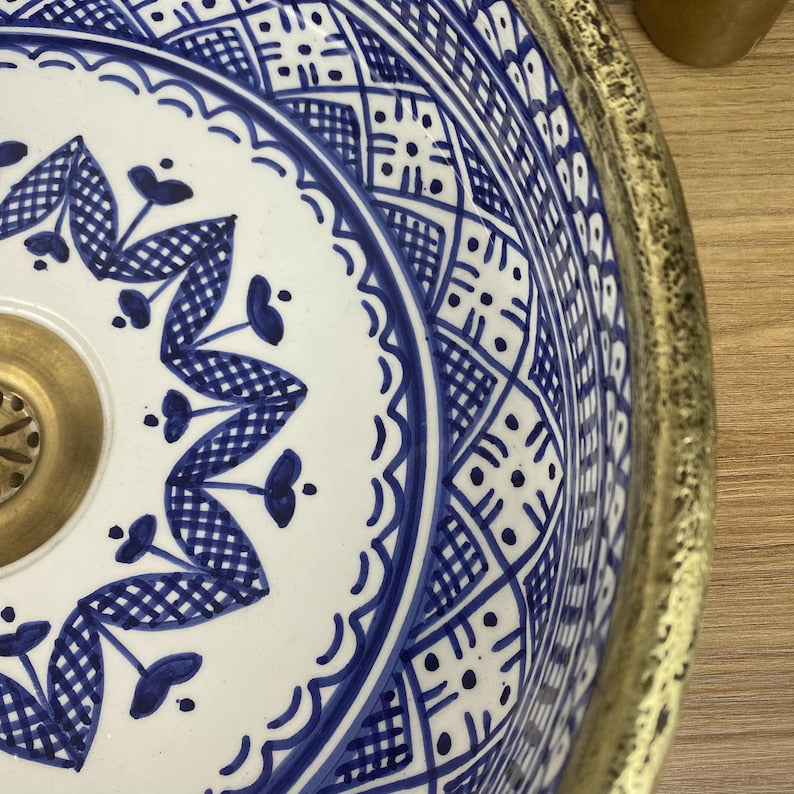 Vasque marocaine unique en céramique et en laiton #262