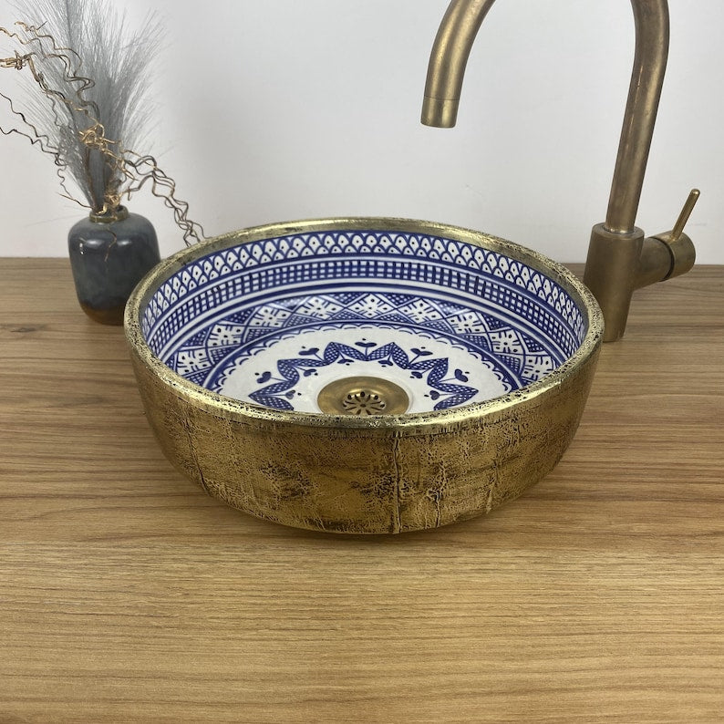 Vasque marocaine peintes à la main - Vasque en laiton massif et en céramique - Évier en laiton marocain -  Brass vessel sink bowl #262