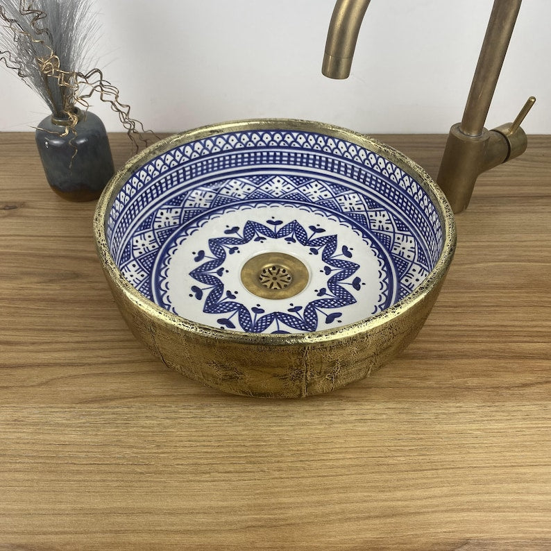 Vasque marocaine peintes à la main - Vasque en laiton massif et en céramique - Évier en laiton marocain -  Brass vessel sink bowl #262