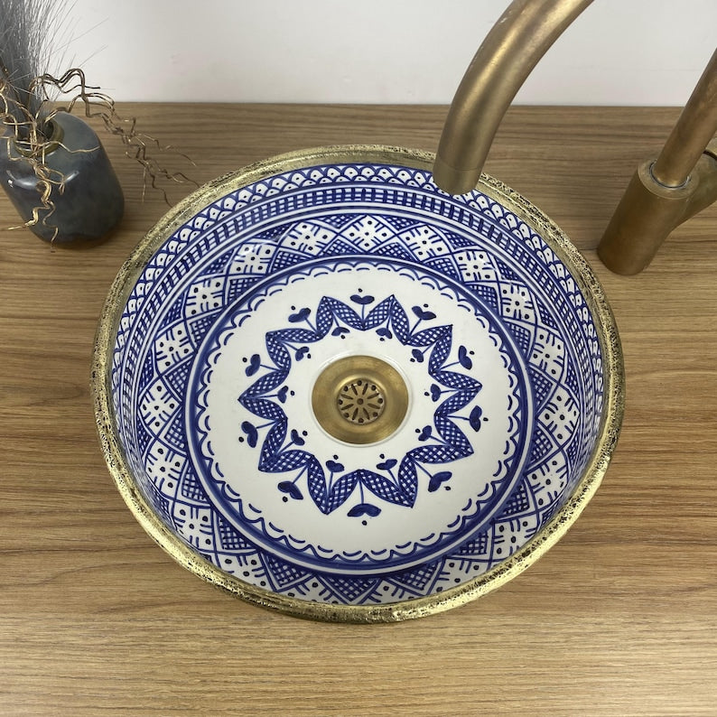 Vasque marocaine unique en céramique et en laiton #262