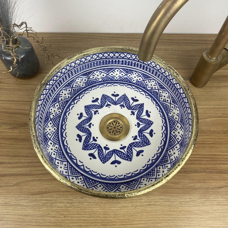 Vasque marocaine peintes à la main - Vasque en laiton massif et en céramique - Évier en laiton marocain -  Brass vessel sink bowl #262