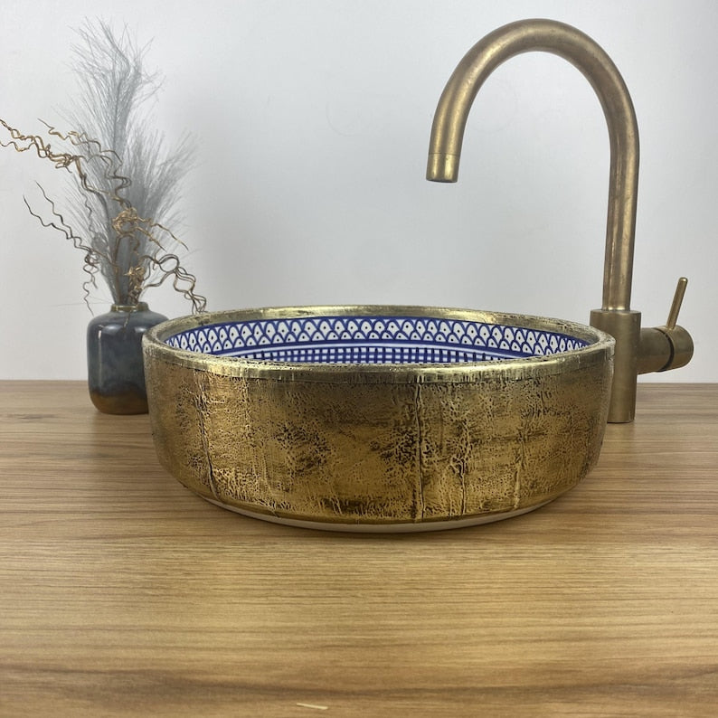 Vasque marocaine unique en céramique et en laiton #262