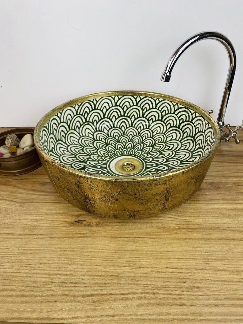 Vasque marocaine unique en céramique et en laiton #263