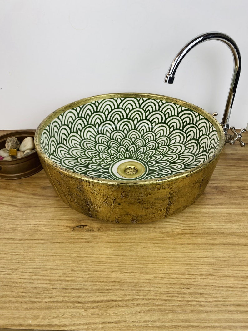 Vasque marocaine peintes à la main - Vasque en laiton massif et en céramique - Évier en laiton marocain -  Brass vessel sink bowl #263