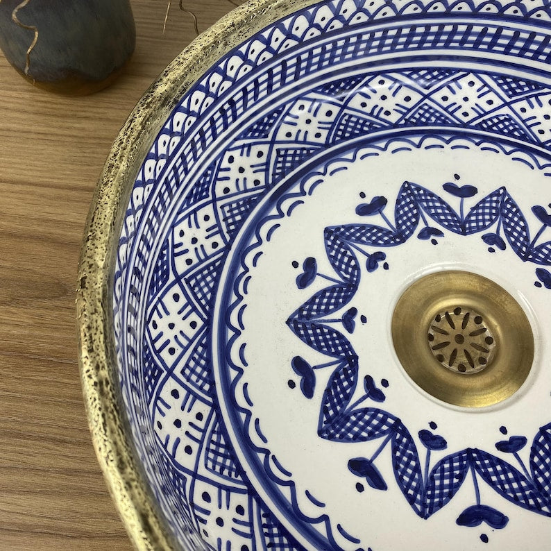 Vasque marocaine unique en céramique et en laiton #262