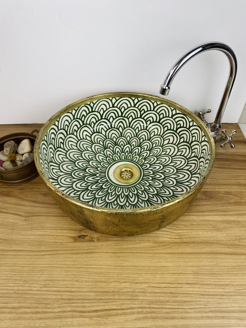 Vasque marocaine unique en céramique et en laiton #263