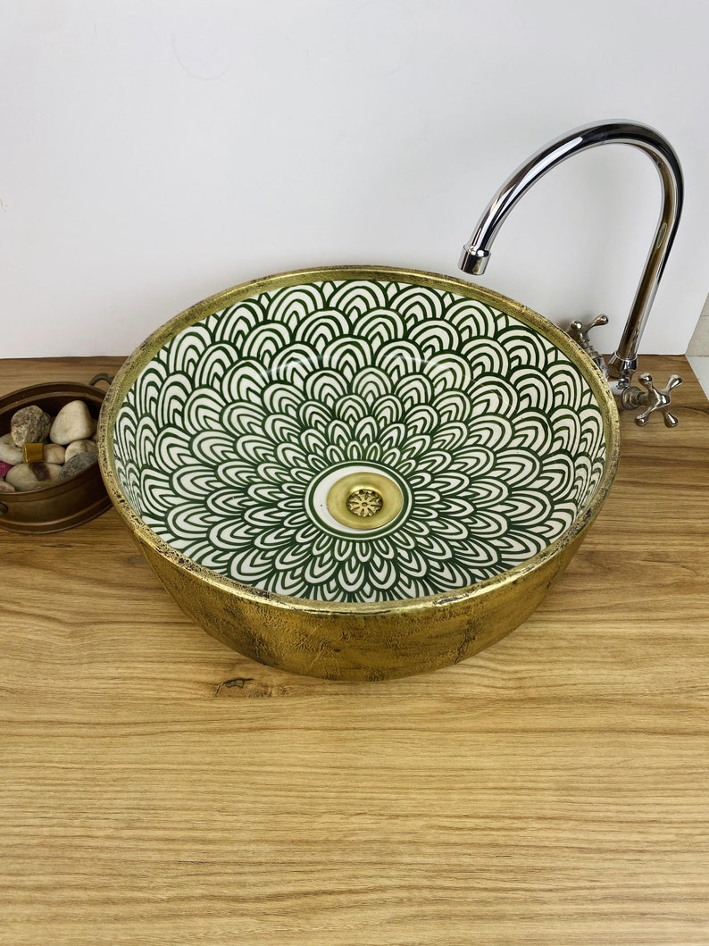 Vasque marocaine peintes à la main - Vasque en laiton massif et en céramique - Évier en laiton marocain -  Brass vessel sink bowl #263