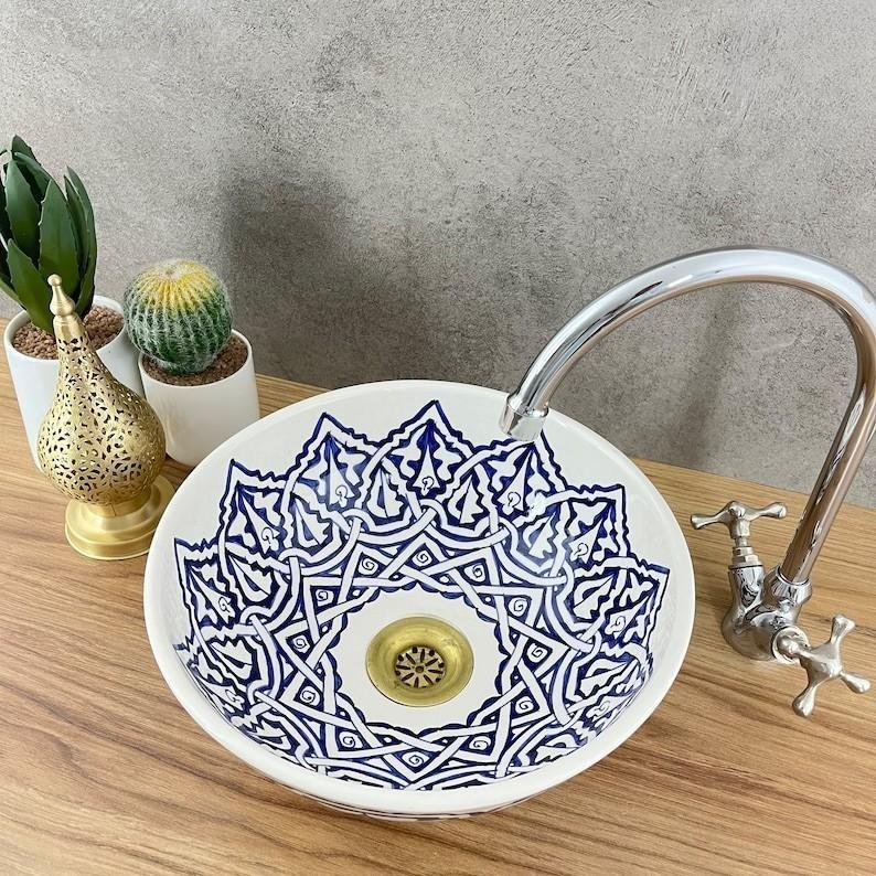 Lavabo-vasque artisanal marocain en céramique : bassin géométrique bleu