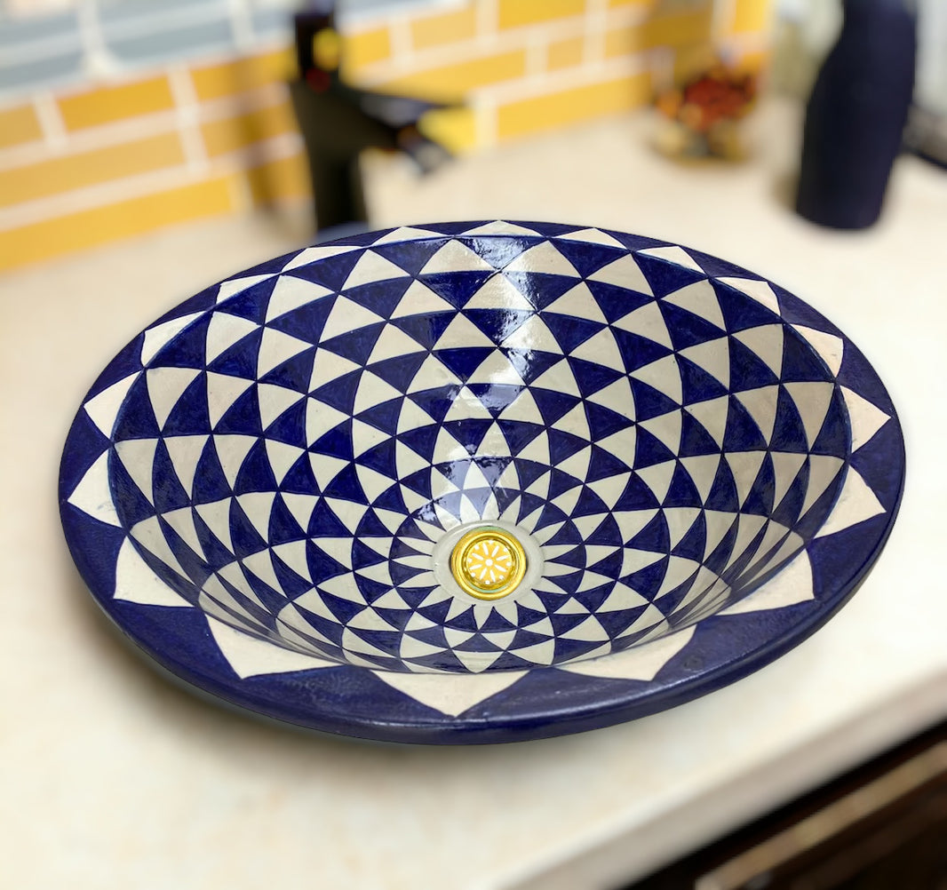 Lavabo En Céramique Bleu Marocain Fait Main - Salle De Bain Unique, Style Artisanal