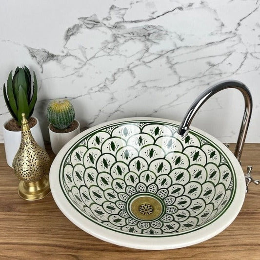 Vasque verte élégant pour salle de bain | Lavabo en céramique style orientale #185H