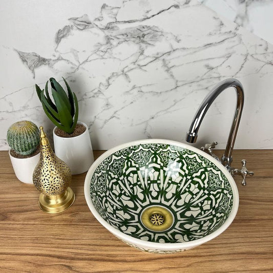Vasque verte élégant pour salle de bain | Lavabo en céramique style marocain oriental #185K