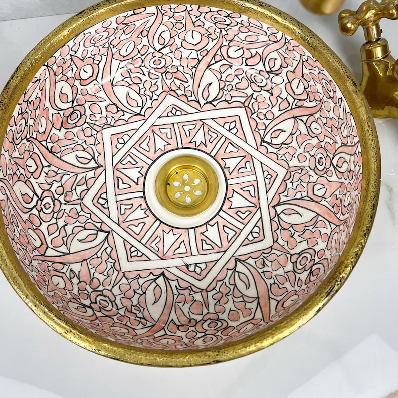 Vasque marocaine peintes à la main en céramique et en laiton massif #543