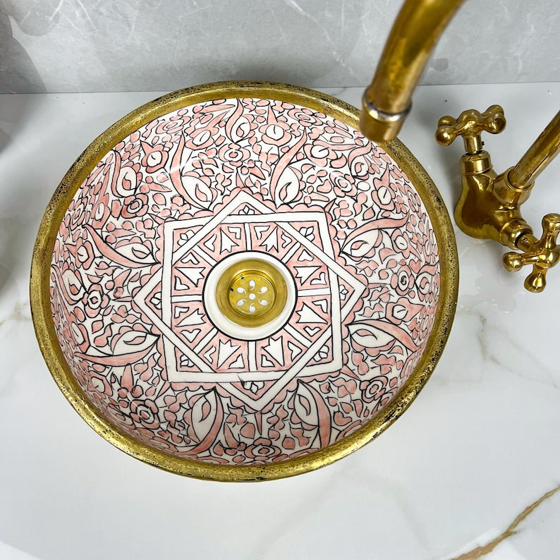 Vasque marocaine peintes à la main en céramique et en laiton massif #543