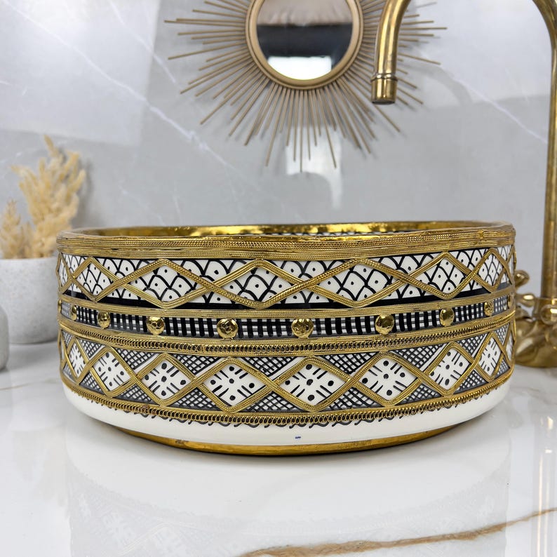 Vasque marocaine Unique peintes à la main en céramique et en laiton massif #546