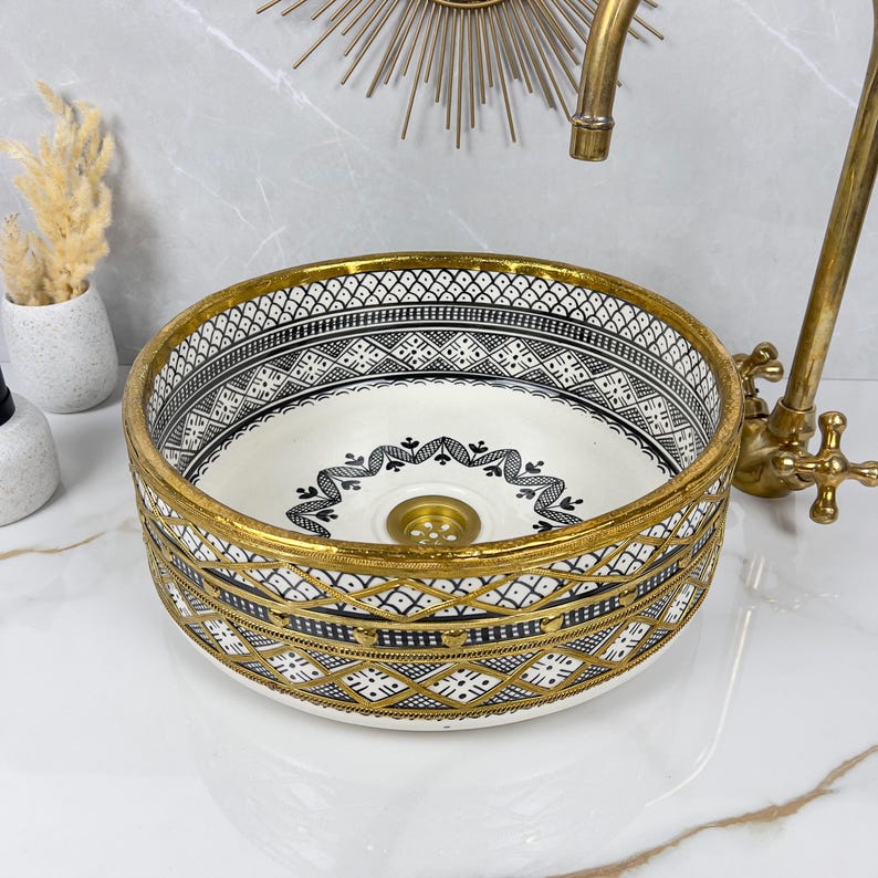 Vasque marocaine Unique peintes à la main en céramique et en laiton massif #546