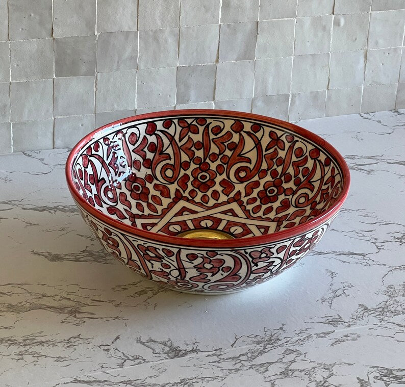 Lavabo marocain fait main en céramique, lavabo bohème mauresque avec centre en laiton - France Lavabo marocain fait main en céramique, lavabo bohème mauresque avec centre en laiton - France