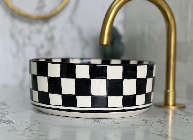 Vasque Marocaine en céramique pour une salle de bain élégante | Checkered sink bowl #52