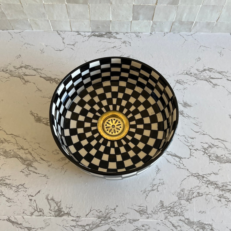 Vasque Marocaine en céramique pour une salle de bain élégante | Checkered sink bowl #52