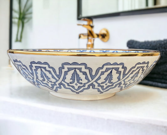 Vasque salle de bain contour Or 14K Carats | Lavabo en céramique peinte à la main #65