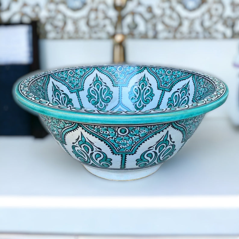 Vasque marocaine en céramique peintes à la main - Vasque vert - vasque à poser - évier - moroccan sink bowl #203