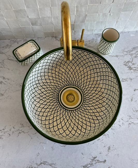 Vasque Marocaine en céramique pour une salle de bain élégante - Green and white sink bowl #52A