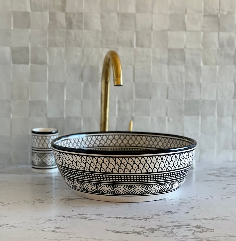 Vasque Marocaine en céramique pour une salle de bain - Lavabo marocain | Black and white sink bowl #51A