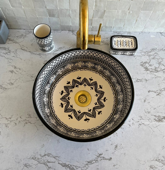 Vasque Marocaine en céramique pour une salle de bain - Lavabo marocain | Black and white sink bowl #51A