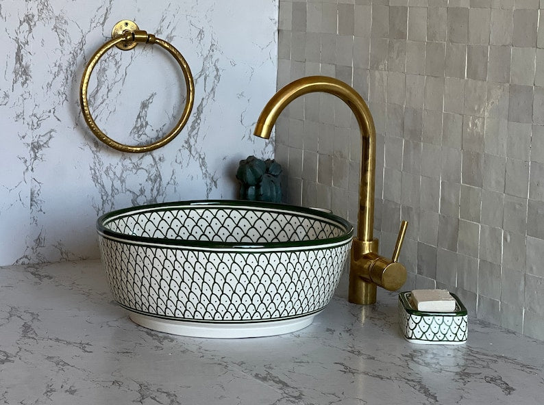 Vasque Marocaine en céramique pour une salle de bain élégante - Green and white sink bowl #52A