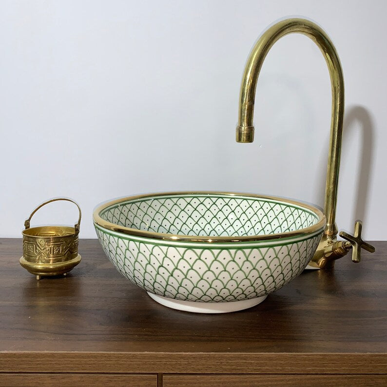 Vasque de salle de bain contour Or 14K Carats | Lavabo en céramique peinte à la main | Bathroom sink #20D