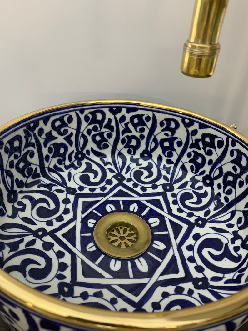 Vasque de salle de bain contour Or 14K Carats | Lavabo en céramique peinte à la main | Bathroom sink #20J