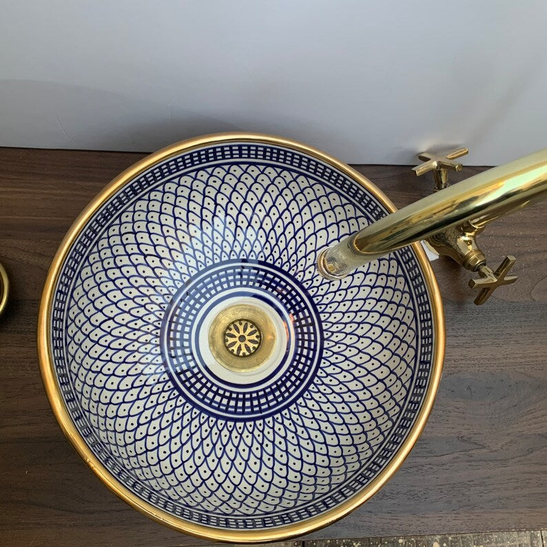 Vasque Marocaine en céramique fait main contour en Or 14K Carats #20A