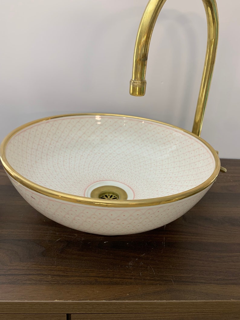 Vasque de salle de bain contour Or 14K Carats | Lavabo en céramique peinte à la main | Bathroom sink #20E