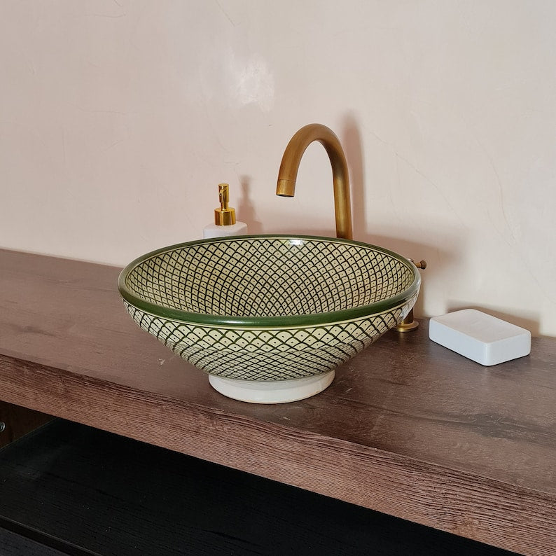 Vasque marocaine de salle de bain | Lavabo en céramique style zellige de salle de bain - green sink bowl #27