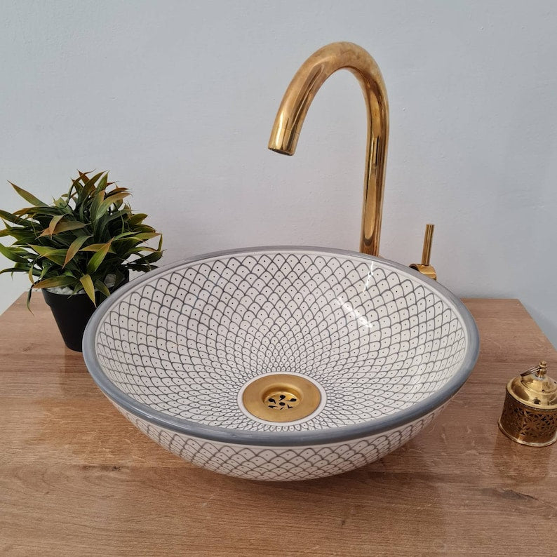 Vasque marocaine salle de bain | Lavabo marocain en céramique style zellige salle de bain | Gray sink bowl #41