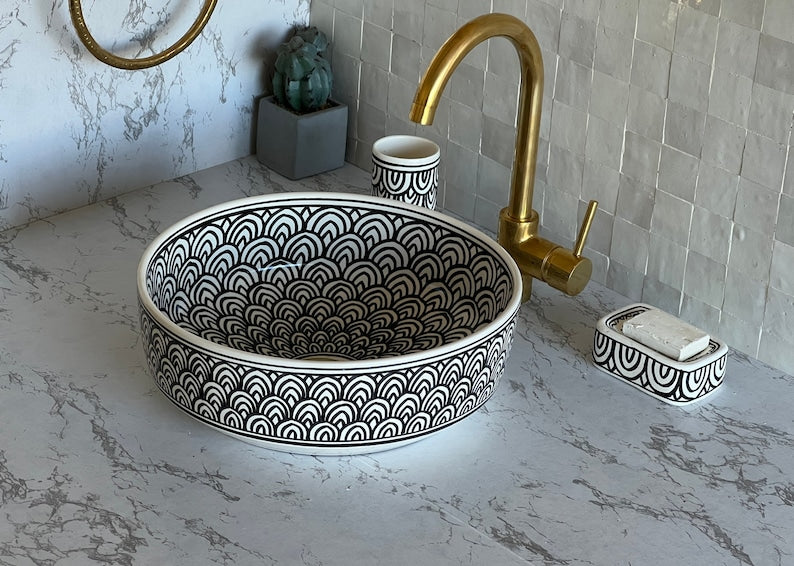 Vasque Marocaine en céramique pour une salle de bain élégante | Black and white sink bowl #48