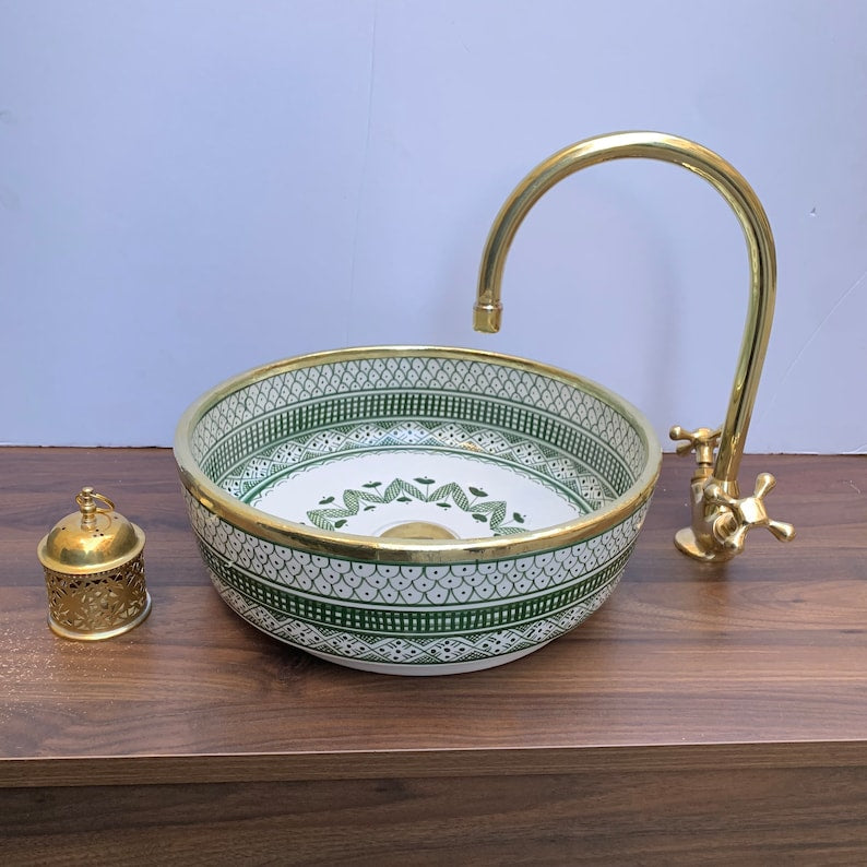 Évier - Vasque Marocain en céramique pour salle de bain | Vasque de salle de bain bordure en laiton #14