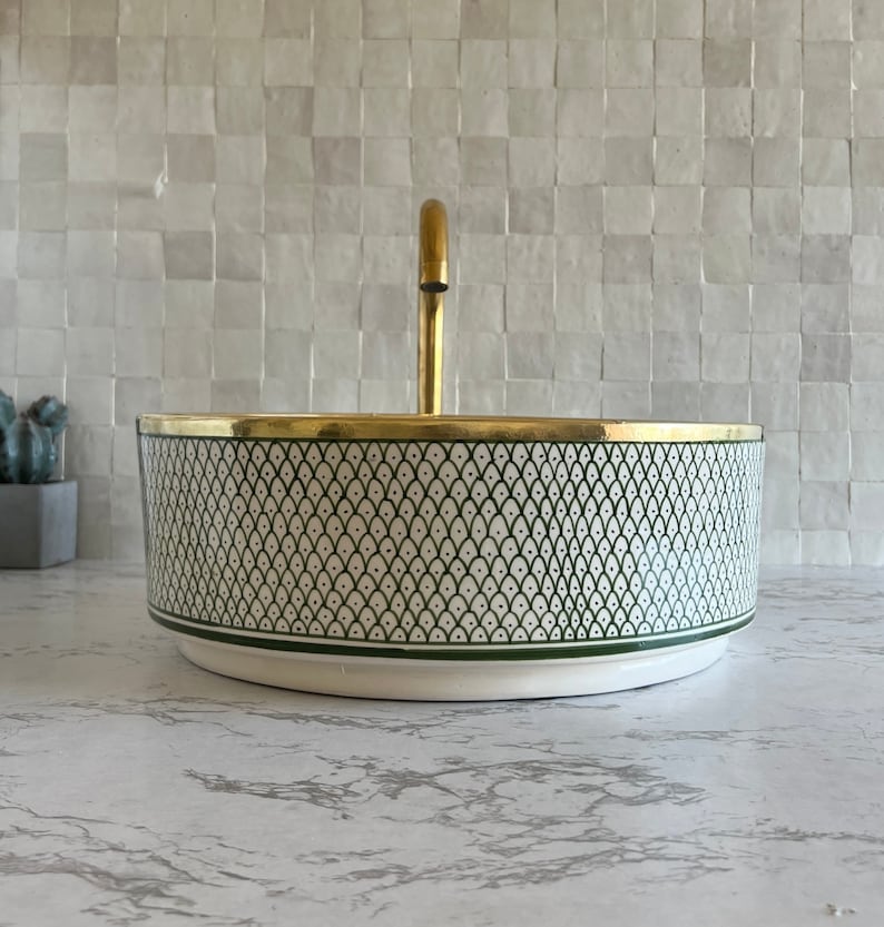 Vasque salle de bain | Lavabo en céramique style zellige salle de bain contour en laiton #128