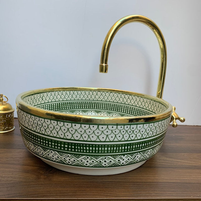 Évier - Vasque Marocain en céramique pour salle de bain | Vasque de salle de bain bordure en laiton #14