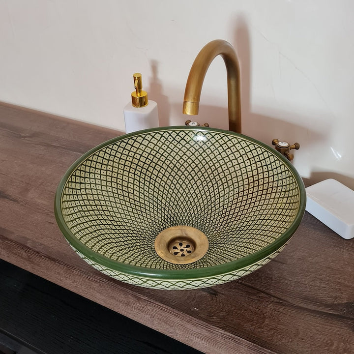 Vasque marocaine de salle de bain | Lavabo en céramique style zellige de salle de bain - green sink bowl #27