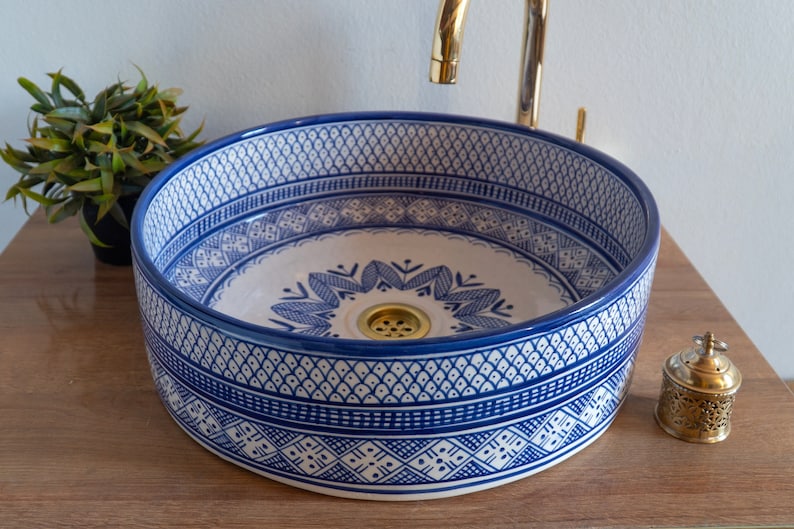Vasque marocaine de salle de bain | Lavabo Marocain en céramique style zellige salle de bain - blue sink bowl #40