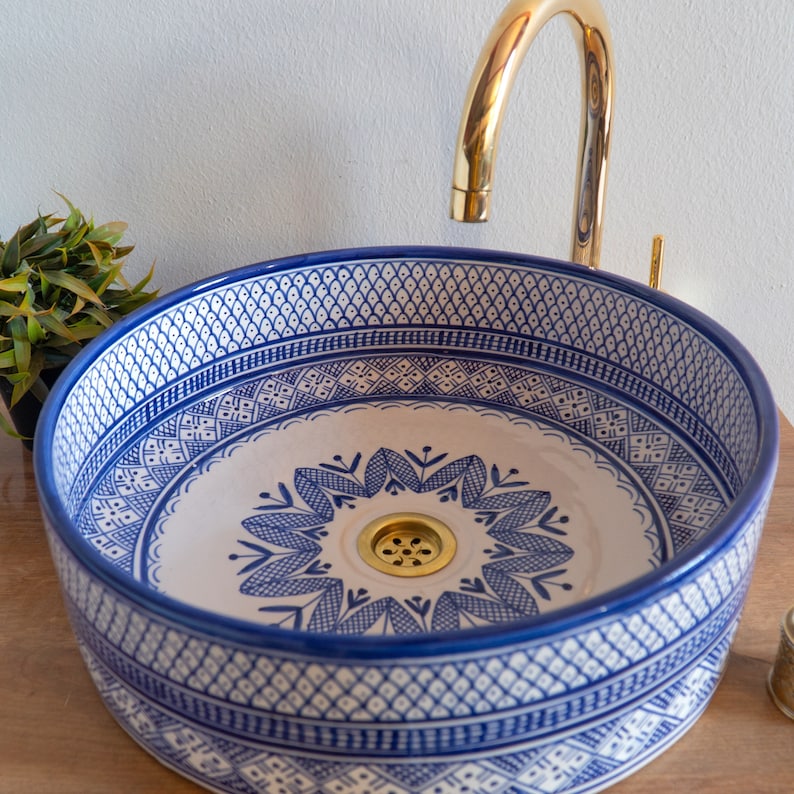 Vasque marocaine de salle de bain | Lavabo Marocain en céramique style zellige salle de bain - blue sink bowl #40