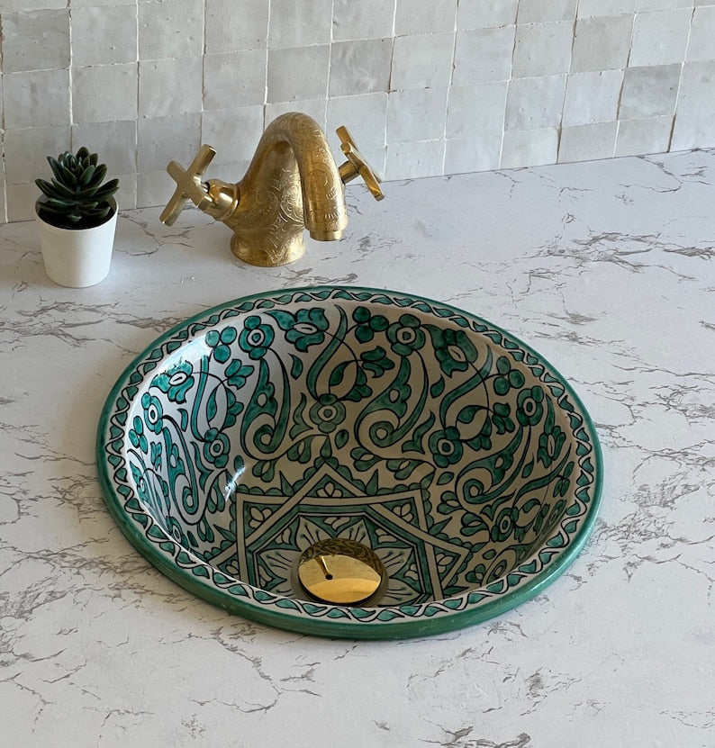 Vasque Marocaine en céramique pour une salle de bain  | Green sink bowl #50